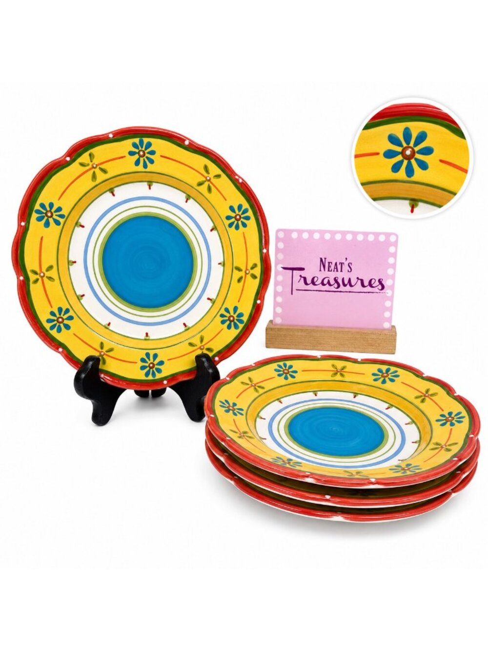 Culinary Arts PETIT JARDIN Yellow Blue Flower Scallop Ceramic Salad Plate Set 4